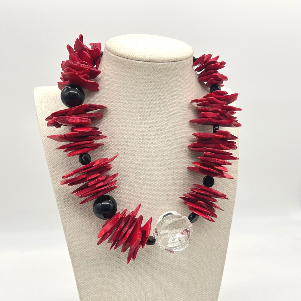 Chunky Red Organic Slice Statement Necklace Black Clear Beads 19 Inch